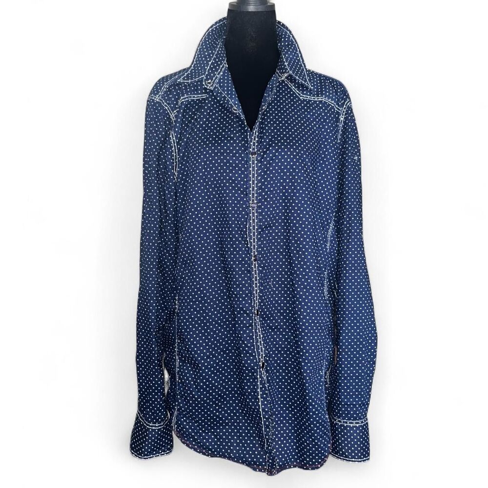 INC International Concepts Women's Navy Pearl Snap Polka Dots Blouse SZ L